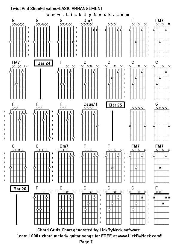 Chord Grids Chart of chord melody fingerstyle guitar song-Twist And Shout-Beatles-BASIC ARRANGEMENT,generated by LickByNeck software.